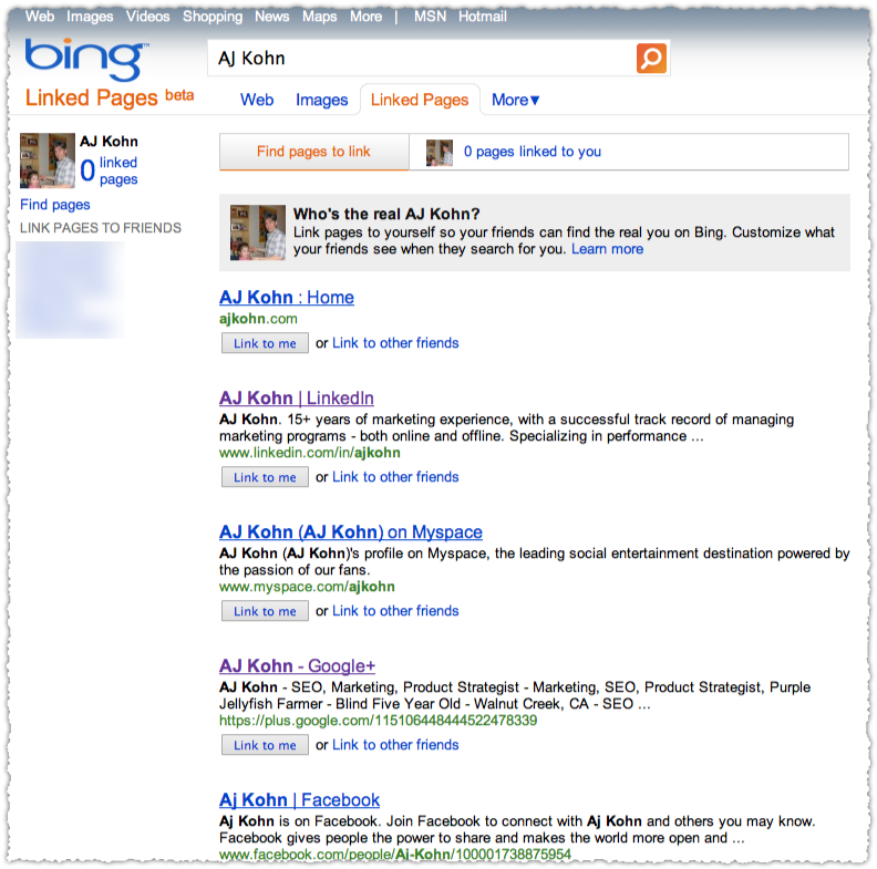 Bing Linked Pages Interface