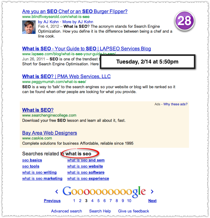 What Is SEO Google SERP on February 14th 2012