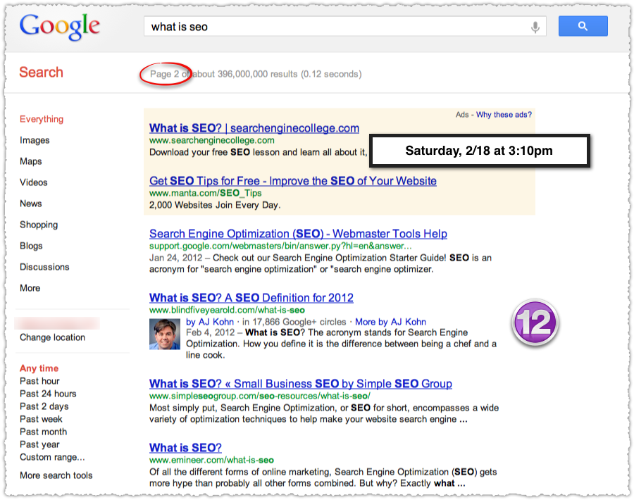 What Is SEO Google SERP on February 18th 2012