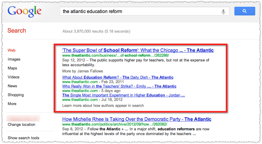 Google Authorship SERP for The Atlantic